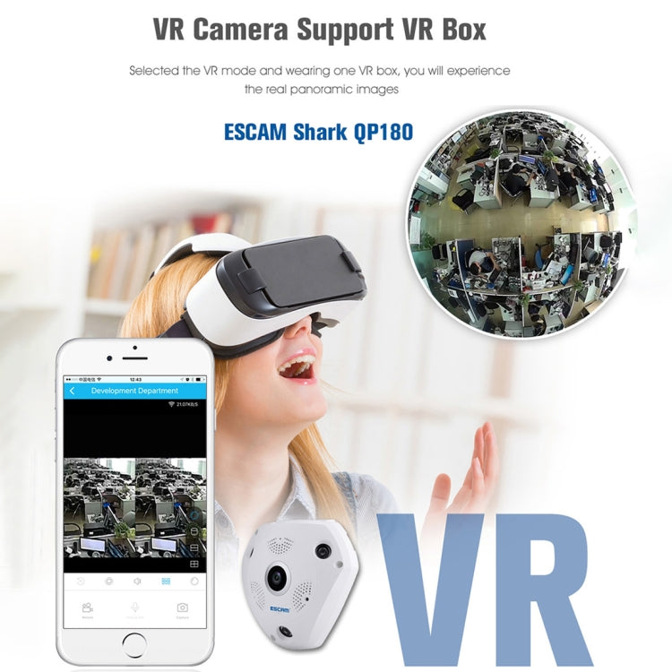 ESCAM Shark QP180 960P 360 Degrees Fisheye Lens 1.3MP WiFi IP Camera, Support Motion Detection / Night Vision, IR Distance: 10m, QP180 ESCAM Shark QP180 960P 360 Degrees Fisheye Lens 1.3MP WiFi IP Camera, Support Motion Detection / Night Vision, IR Distance: 10m, QP180